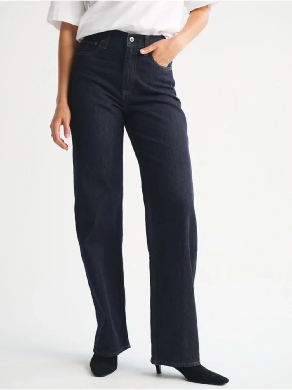 Abercrombie & Fitch High Rise Loose Drapey Rigid Jeans in Dark Rinse Denim - Picture 2 of 13